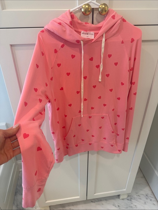 Stripe & Stare Tops - Pink Heart-Print Hooded Sweatshirt
